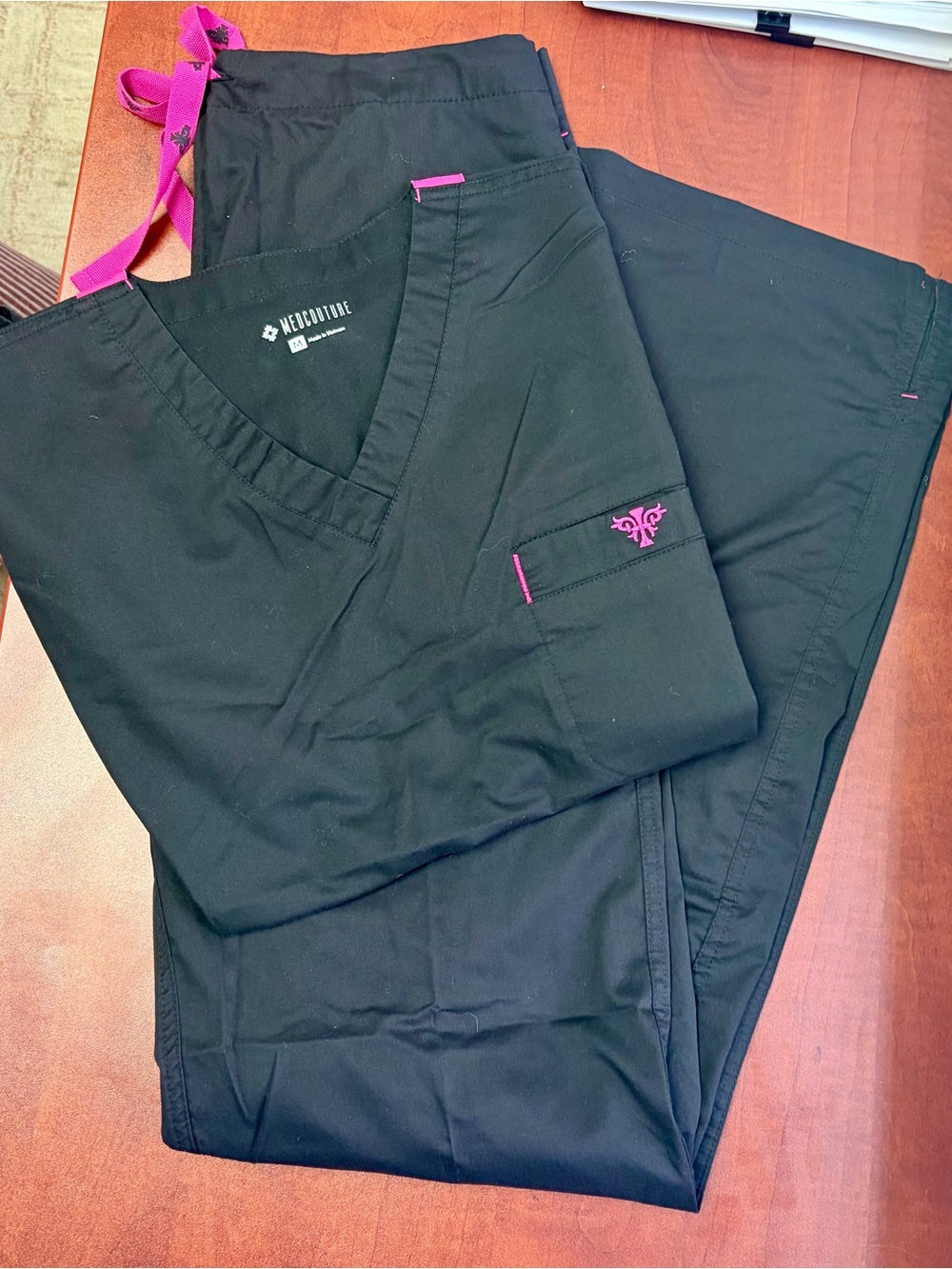 Black Med Couture Scrub Pants with Pink Accents Small bottom and Medium top.